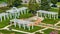 Aerial Lakeside Park pergola and trellises garden area with bench and flowers near pools