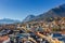 Aerial landmark of Innsbruck. Panorama of old town and mountains on background, Innsbruck.