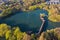 Aerial landscape of Hangzhou West Lake, the Yuhu Bay Scenic park with long covered bridge