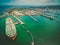 Aerial landscape of oil tanker moored at industrial port. Williamstown, Victoria, Australia.