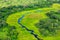 Aerial landscape in Okavango delta, Botswana. Lakes and rivers, view from airplane. Green vegetation in South Africa. Trees with w