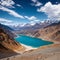 Aerial landscape of Pangong Lake and mountains with clear blue sky, it\\\'s a highest saline water lake in