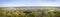 Aerial landscape panorama view on Desna river with flooded meadows and fields. View from high bank on annual spring