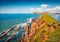 Aerial landscape photography. Rocky coast of Dalan and Voge hiking area.