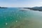 Aerial landscape Seascape Chalong pier with sailboats Yacht boats and ravel boats in the sea Amazing view travel image by Drone