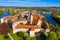 Aerial landscape of small Czech town of Telc with famous Main Square UNESCO World Heritage Site. Aerial panorama of old town