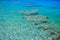 Aerial landscape top view of Red sea bottom with coral reefs through aquamarine transparent water surface south tropical nature