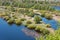 Aerial landscape view on Desna river with flooded meadows and beautiful fields