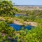 Aerial landscape view on Desna river with flooded meadows and beautiful fields