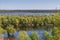 Aerial landscape view on Desna river with flooded meadows and fields. View from high bank on annual spring overflow