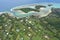 Aerial landscape view of Muri Lagoon in Rarotonga Cook Islands