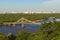 Aerial landscape view of River Dnipro with Pedestrian bridge. It connects the central part of Kyiv with the park area