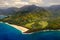 Aerial landscape view of shoreline at Na Pali coast, Kauai, Hawaii