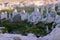 Aerial landscape view of typical geologic formations of Cappadocia. Amazing shaped sandstone rocks. Famous touristic place