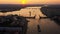 Aerial landscape with warships in the Neva River before the holiday of the Russian Navy at early morning, warships pass