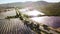 Aerial, large solar energy farm, sun in background reflecting off solar panels