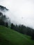 Aerial lift gondola pylon tower in low clouds fogs treetops alpine landscape at Nebelhorn Oberstdorf Bavaria Germany