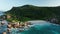 Aerial lock down over amazing solitary Anse Marron beach, La Digue