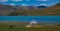 AERIAL: Lonely wild horse grazes in a meadow near the stunning Yamdrok Lake.