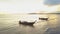 AERIAL: Lonely wooden boats rest in calm tropical bay on picturesque evening.