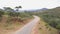 Aerial of long road in african landscape