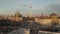 AERIAL: Low over Berlin Central, Mitte with view on Alexanderplatz TV Tower and Cathedral on beautiful sunny day