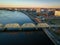 Aerial of the Lower Trenton highway bridge over the Delaware river in Trenton, New Jersey at sunrise