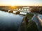 Aerial of the Lower Trenton highway bridge over the Delaware river in Trenton, New Jersey at sunrise