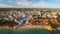 Aerial. Magic videography from sky, village Olhos de Agua Albufeira.