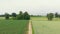 Aerial: man cycling along country road through cultivated fields and farmland, sunny day, eco friendly transportation on cycle lan