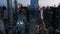 AERIAL: Manhattan Skyline at night with flashing City lights in New York City at Central Park