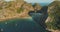 Aerial Maya Bay, Phi Phi island. Turquoise clear water, white sand beach, boats, limestone mountain