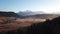 Aerial misty sunrise scenery at Alpe di Siusi, Dolomite Alps, Italy.