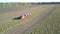 Aerial modern powerful combine harvests potato on field