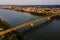 Aerial of Modern Truss Bridge with City Skyline in Background - Ohio River - Huntington, West Virginia & Ohio