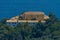 Aerial of monastery in Paleokastritsa, Corfu