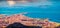 Aerial morning cityscape of Trapani town, western Sicily, Italy, Europe. Panoramic spring seascape of Mediterranean sea with Aegad