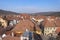 Aerial morning view of the center of Sighisoara citadel.