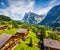 Aerial morning view of Grindelwald village valley from cableway. Wetterhorn and Wellhorn mountains, located west of Innertkirchen