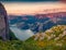 Aerial morning view of popular tourist destination - Preikestolen cliff.