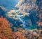 Aerial morning view of pure water waterfall in Plitvice National Park. Unbelievable autumn scene of Croatia, Europe. Abandoned pla