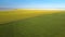 Aerial motion from wheat to yellow field by lake