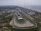 Aerial of motor sport race track with the north sea beach and the village of Zandvoort in the Netherlands