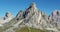 Aerial Mountains, massive Rock formation in the Alps on Passo Giau in Italy 4K