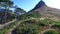 Aerial, mountains and nature with a view of the landscape in Cape Town, South Africa during summer. Drone, earth and