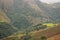 Aerial mountains valley, drone view. Pyrenees autumn landscape. Scenic hills valley. Countryside in France. Travel and adventure.