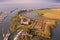 Aerial from Muiderslot castle at the IJsselmeer in the Netherlands at sunset