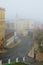 Aerial mystery foggy landscape view of Andriyivskyy Descent . Famous building called the Richard\\\'s-Lion Heart Castle
