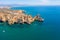 Aerial from natural rocks and the lighthouse at Ponte Piedade in Lagos Portugal