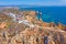 Aerial from natural rocks and the lighthouse at Ponte Piedade in Lagos Portugal